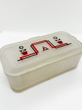 Vintage Frosted Clear Glass Refrigerator Dish Container Folk Art 70's MCM Floral